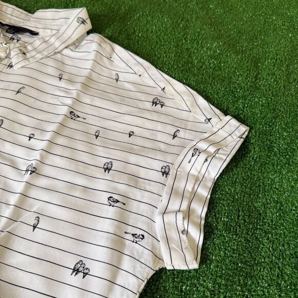 Jane + Delancey Button Up Bird on a Wire Pattern Lightweight White Blouse Size M - Picture 4 of 13